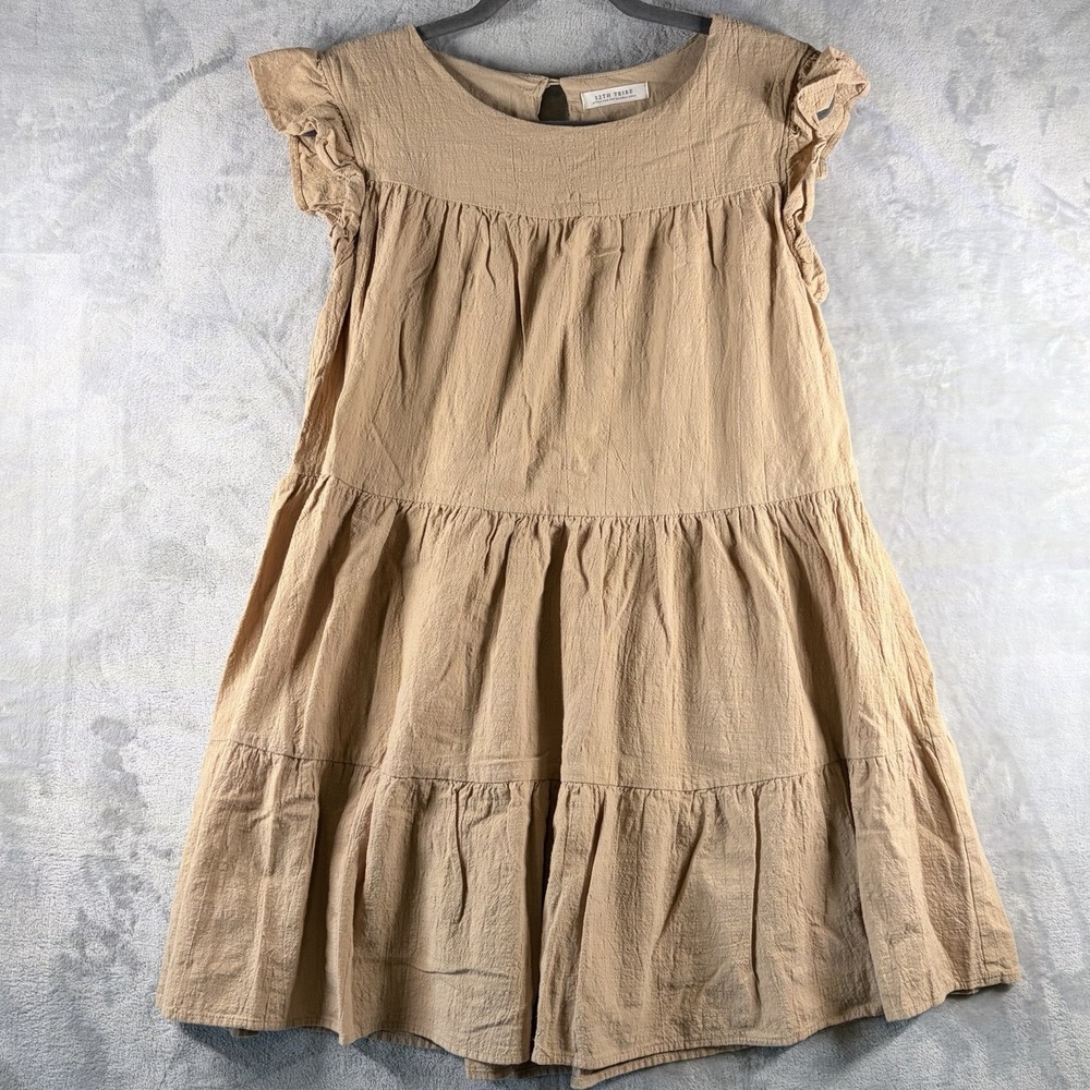12th Tribe Tiered Mini Dress Flutter Sleeve Cotton Boho Sand Tan Minimalist Sz M